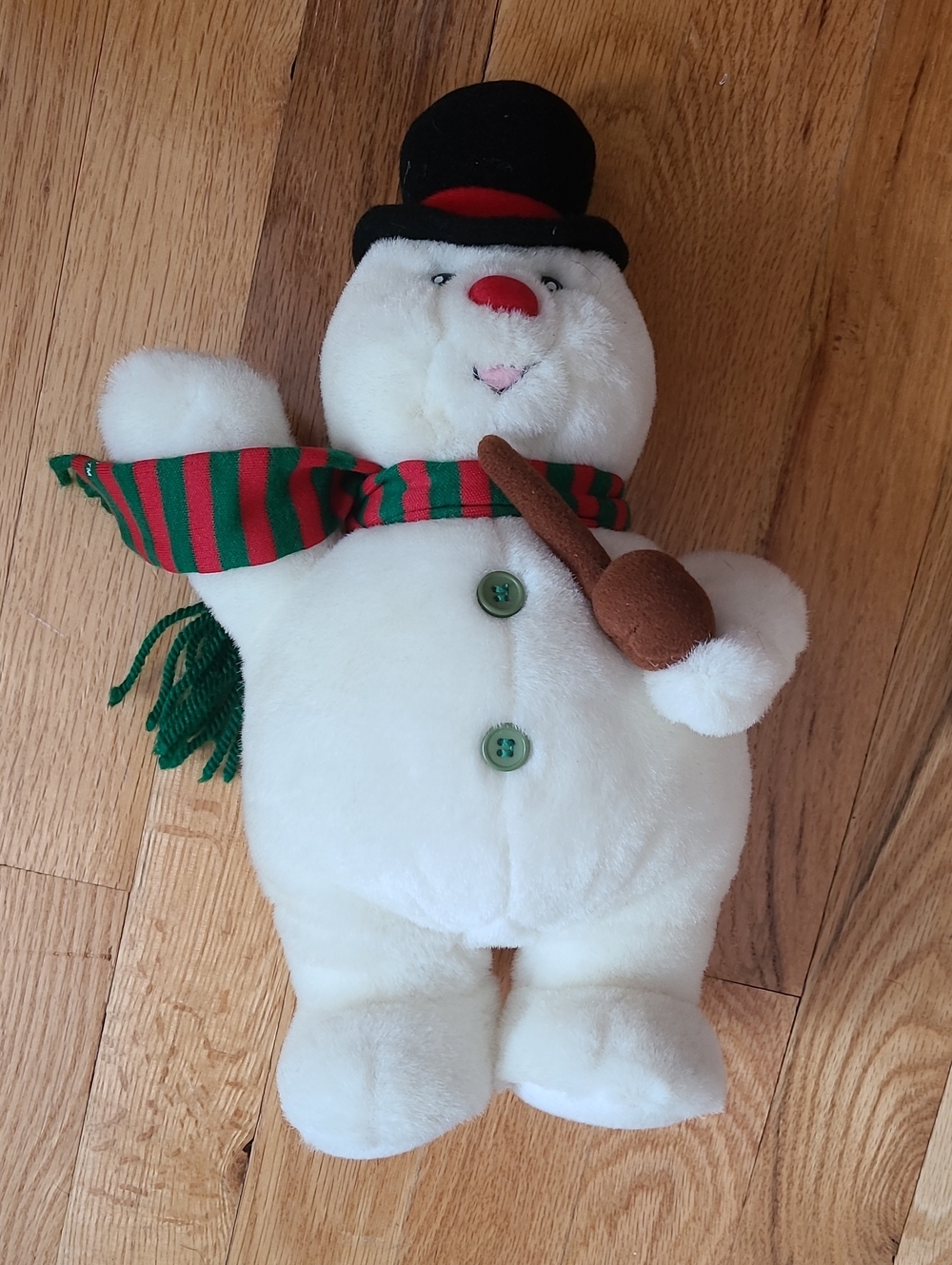 Frosty Plush Snowman with Top Hat and Striped Scarf